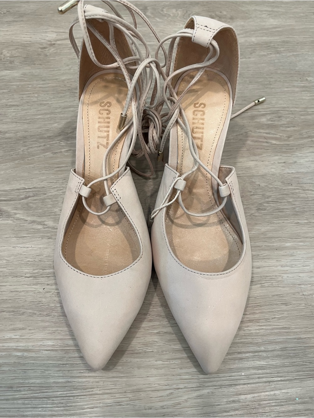Brand New Schutz Nude Suede Lace-Up Pointed Toe Wedge Pumps Sz 7.5 (EUR 38)